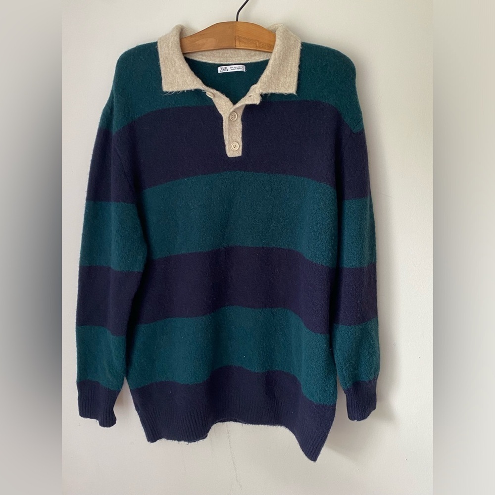 Zara Sweater Men's Large Green and Navy Striped Cozy Rugby Polo